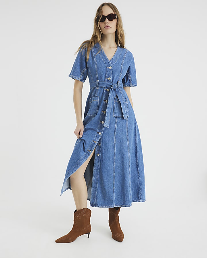 Blue Denim Seamed Short Sleeve Midi dress