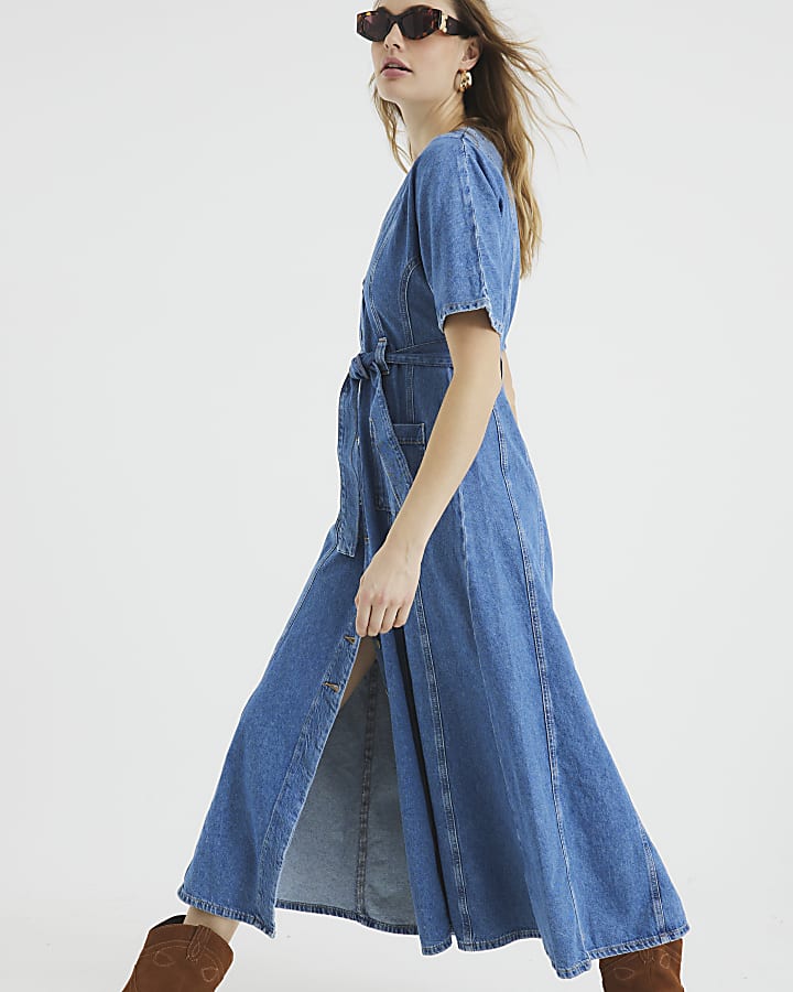 Blue Denim Seamed Short Sleeve Midi dress