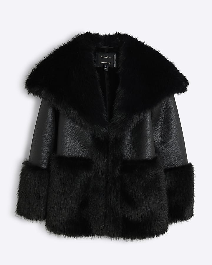 Black Buckle Faux Fur Trim Aviator Jacket