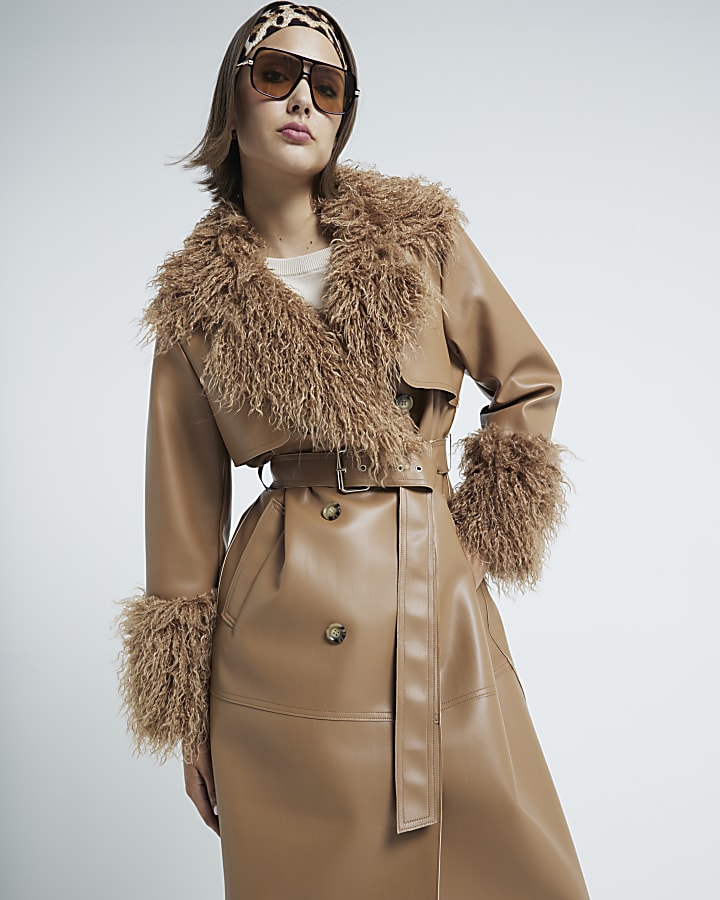 Brown Faux Fur Trim Faux Leather Trench Coat