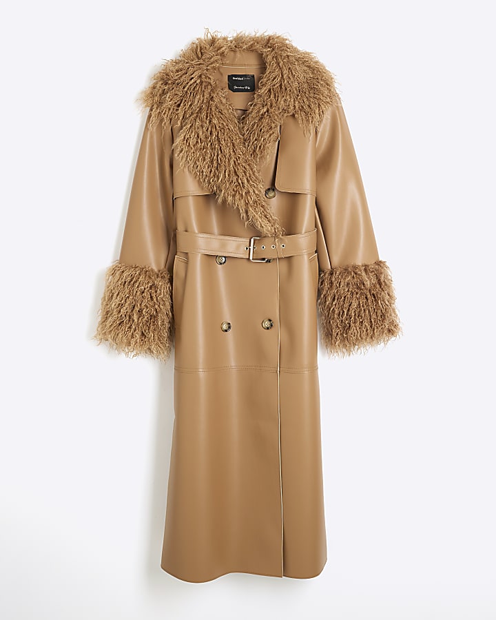 Brown Faux Fur Trim Faux Leather Trench Coat