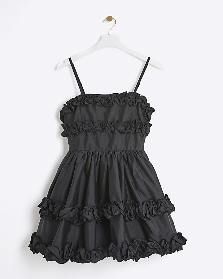 Black ruffle bandeau mini dress