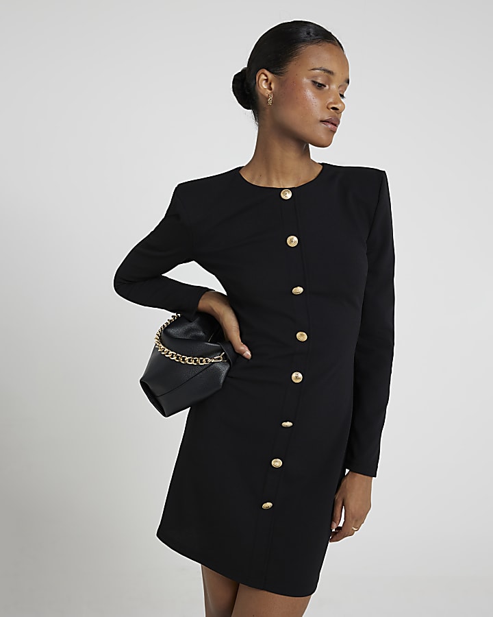 Black button up shift mini dress