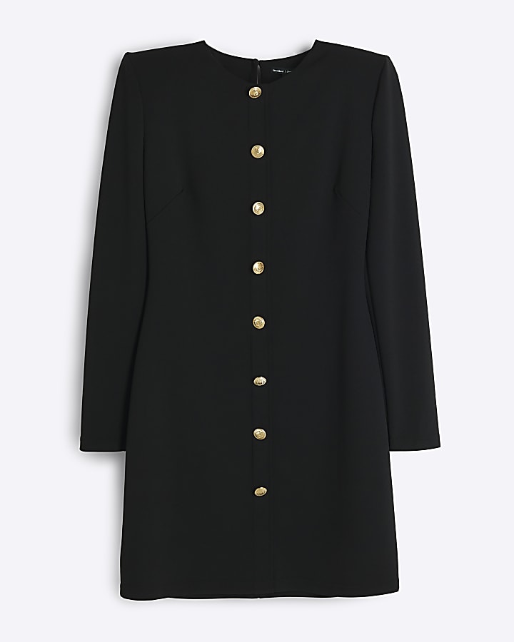 Black button up shift mini dress