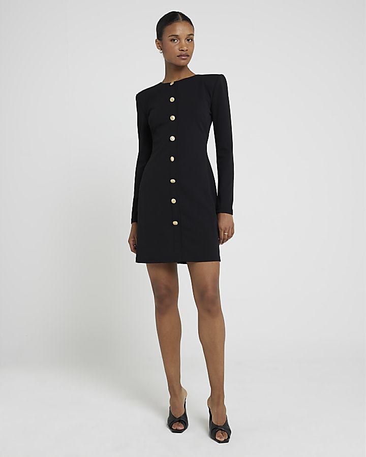 Black button up shift mini dress
