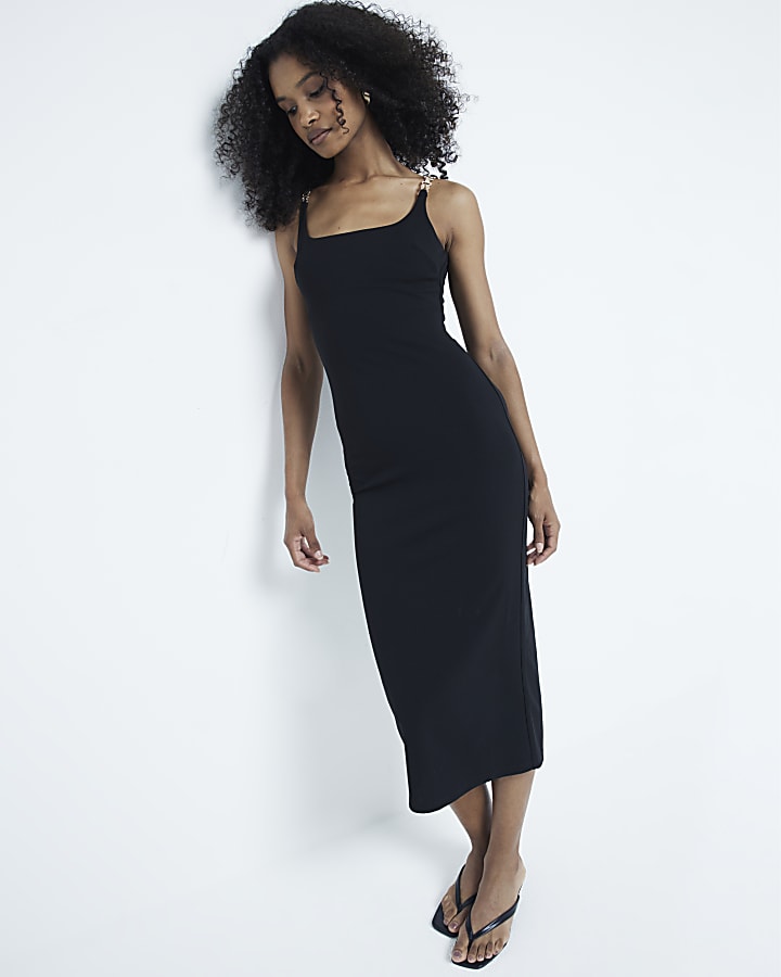 Black Balconette Trim Midi Dress