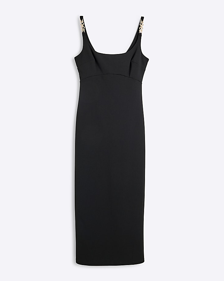 Black Balconette Trim Midi Dress