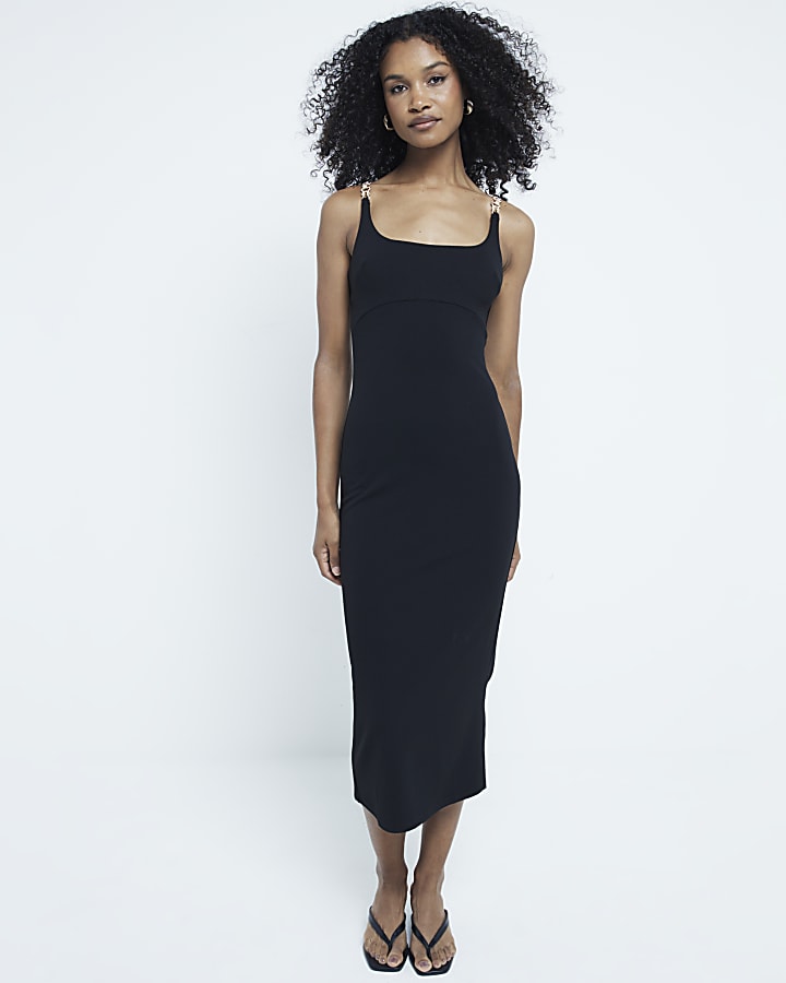 Black Balconette Trim Midi Dress