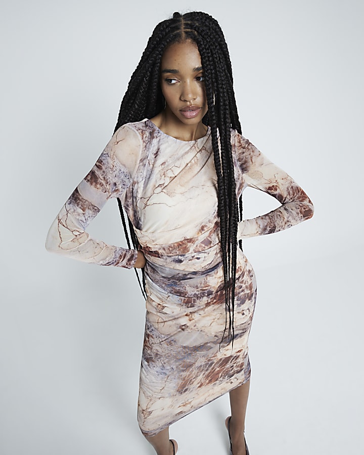 Brown Mesh Abstract Printed Drape Dress River Island