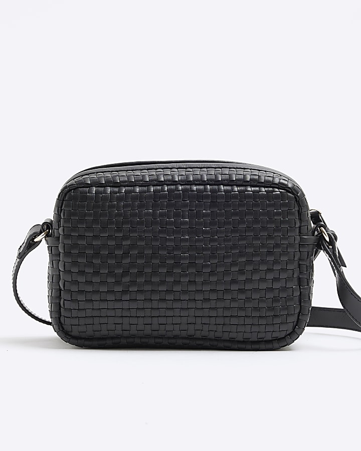 Black Woven Leather Cross Body Bag