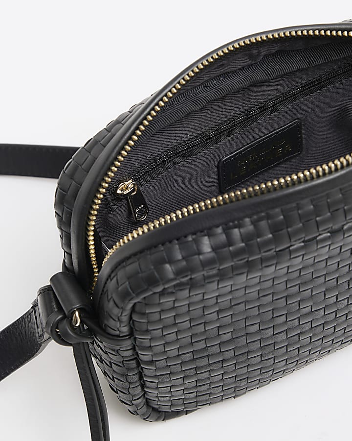 Black Woven Leather Cross Body Bag