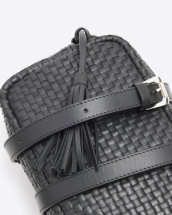 Black Woven Leather Cross Body Bag