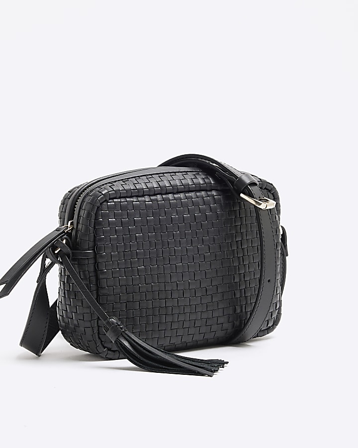 Black Woven Leather Cross Body Bag