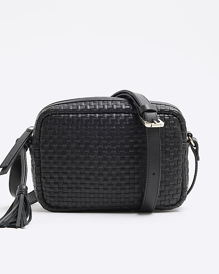 Black Woven Leather Cross Body Bag