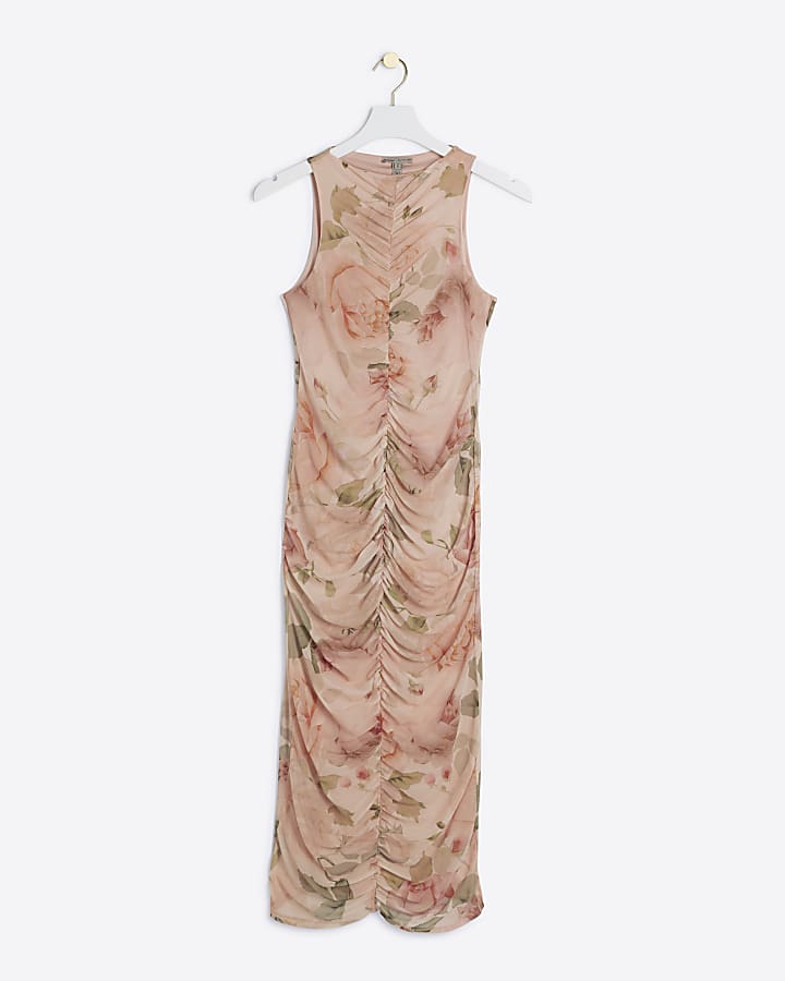 Beige mesh floral ruched bodycon midi dress