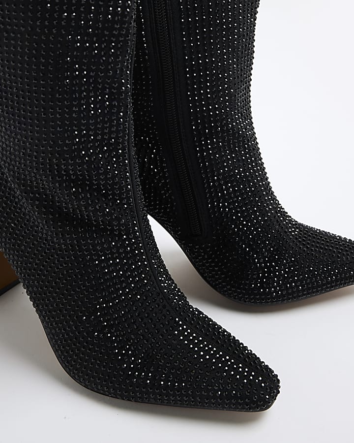 Black Embellished Knee High Heeled Boots