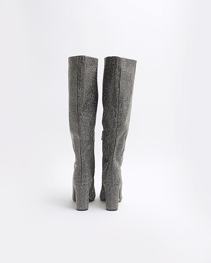 Grey Embellished Knee High Heeled Boots