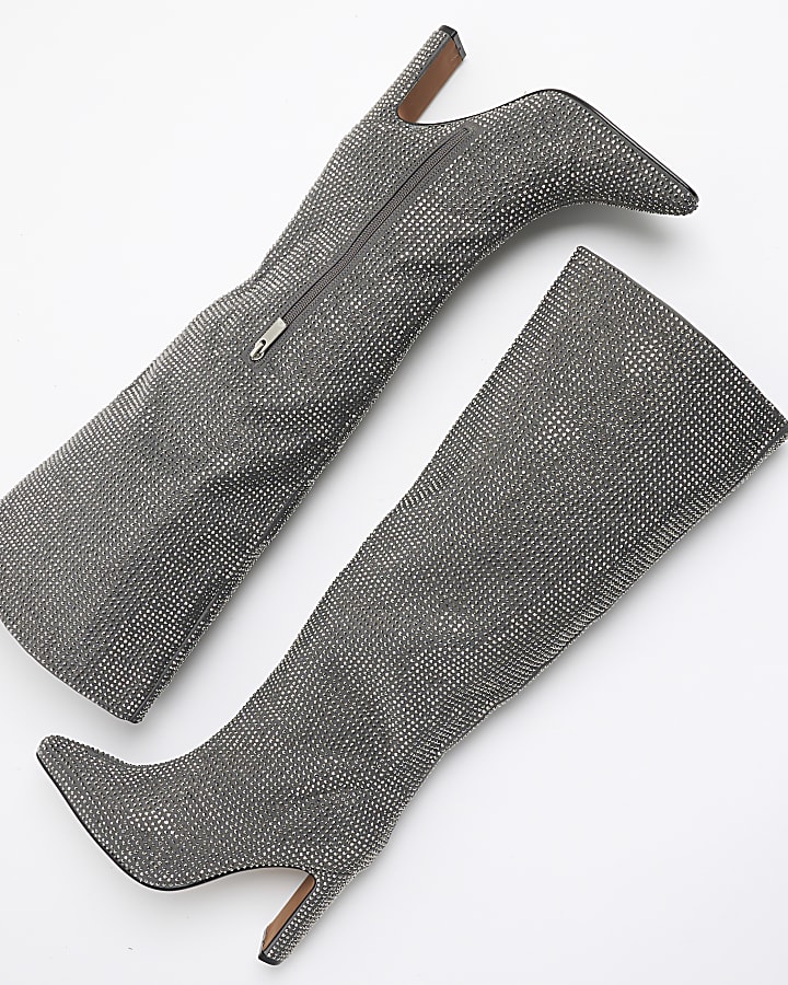 Grey Embellished Knee High Heeled Boots