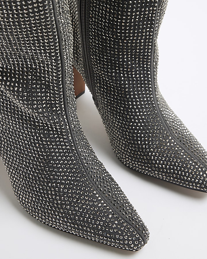 Grey Embellished Knee High Heeled Boots