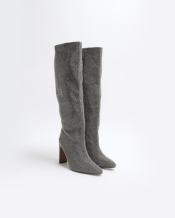 Grey Embellished Knee High Heeled Boots