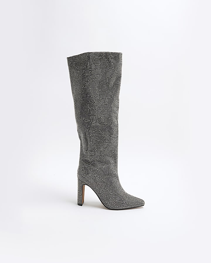 Grey Embellished Knee High Heeled Boots