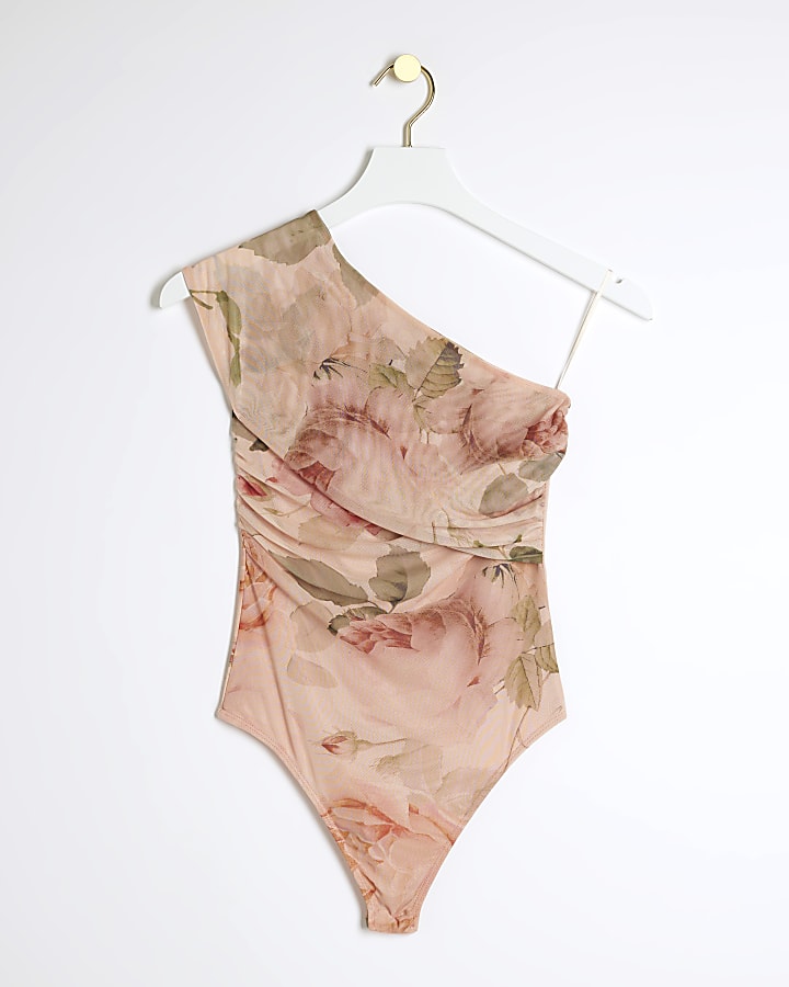 Pink mesh floral asymmetric bodysuit