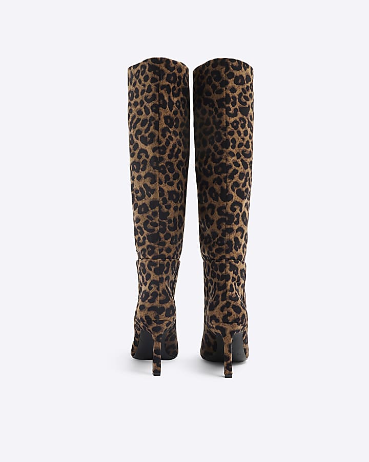 Brown Velvet Leopard High Leg Boots