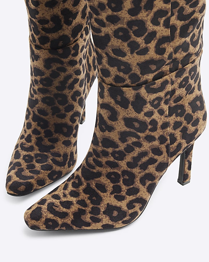 Brown Velvet Leopard High Leg Boots