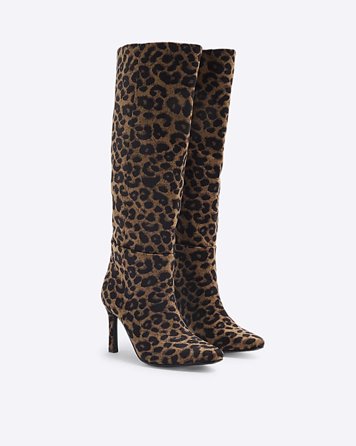 Brown Velvet Leopard High Leg Boots