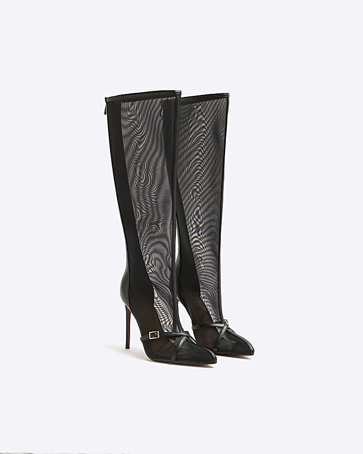 Black Mesh High Leg Heeled Boots