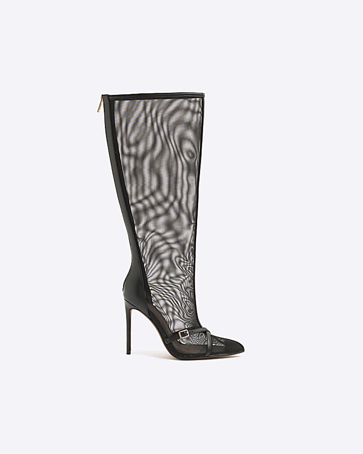 Black Mesh High Leg Heeled Boots