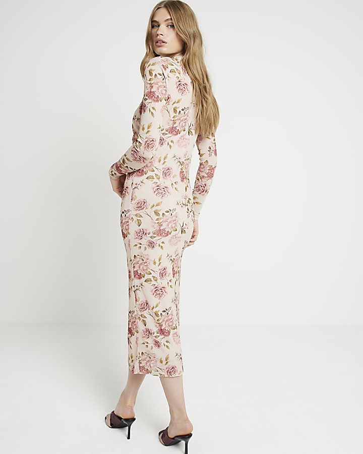 Beige floral drape bodycon midi dress
