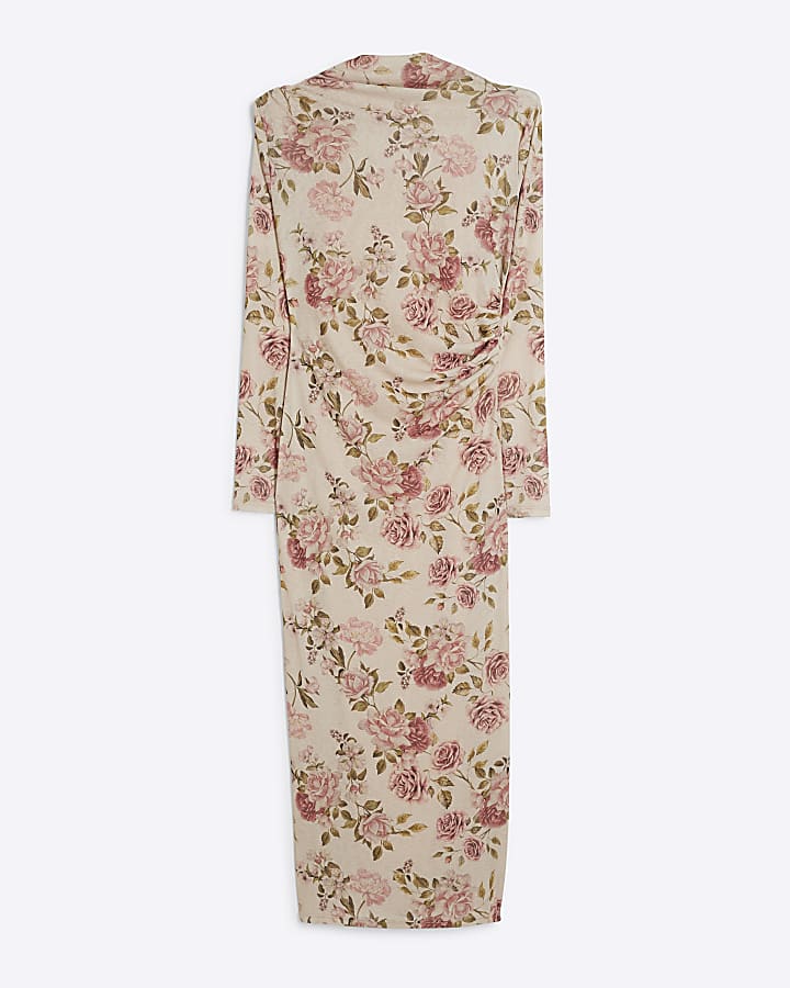 Beige floral drape bodycon midi dress