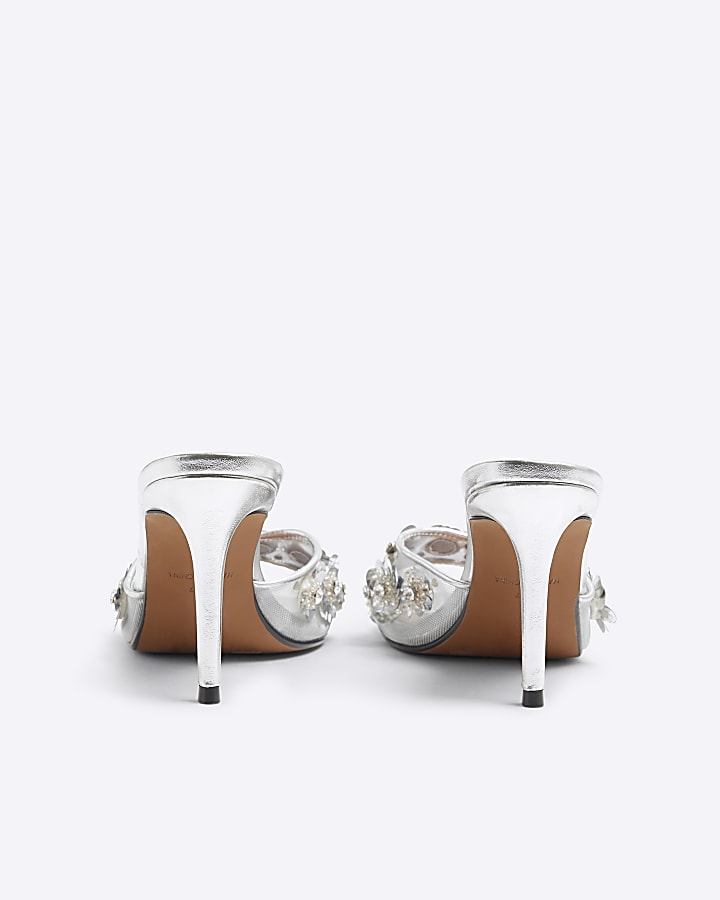Silver 3D Flower Mesh Mule Heeled Sandals