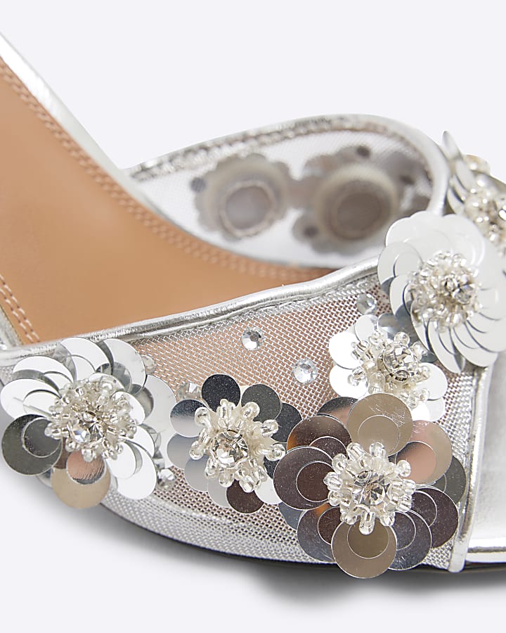 Silver 3D Flower Mesh Mule Heeled Sandals