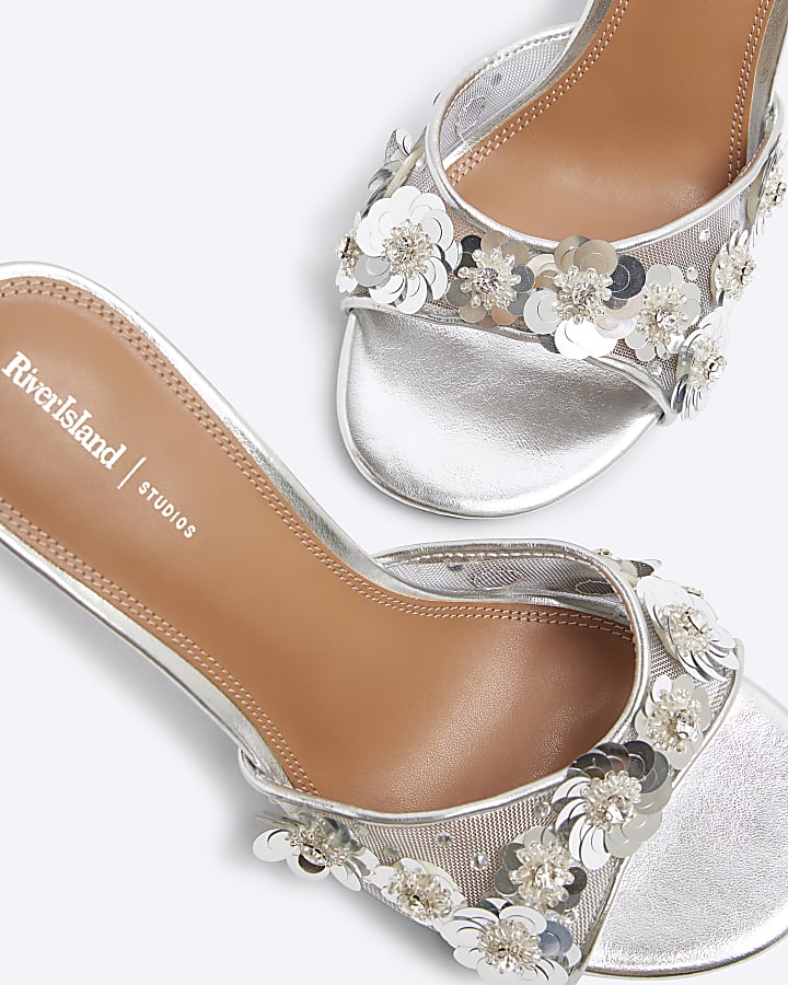 Silver 3D Flower Mesh Mule Heeled Sandals