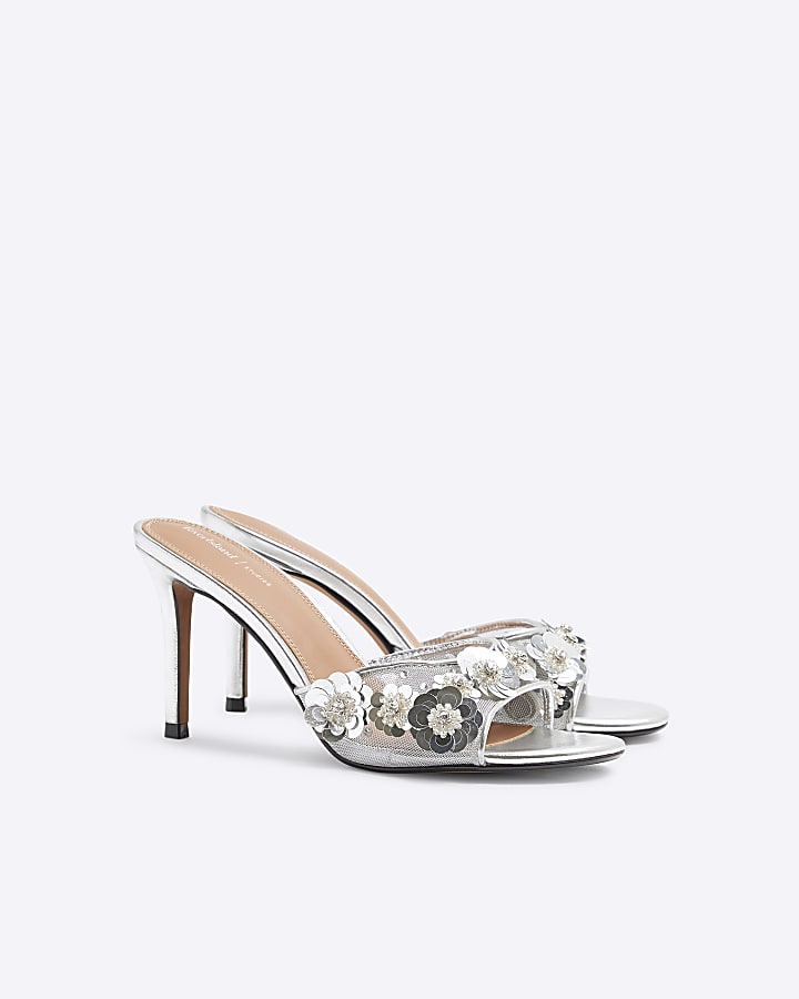 Silver 3D Flower Mesh Mule Heeled Sandals
