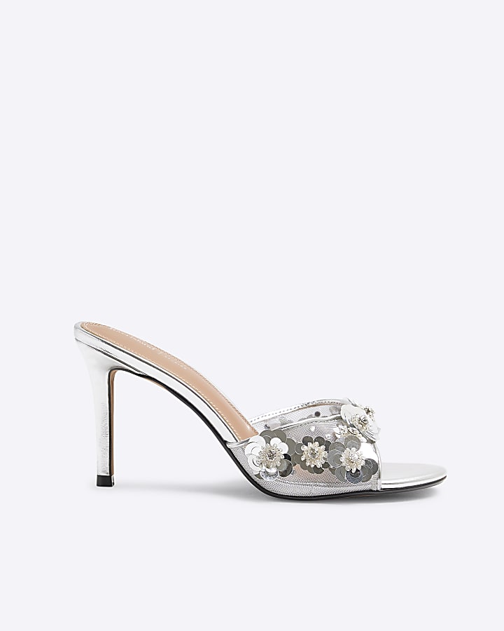 Silver 3D Flower Mesh Mule Heeled Sandals