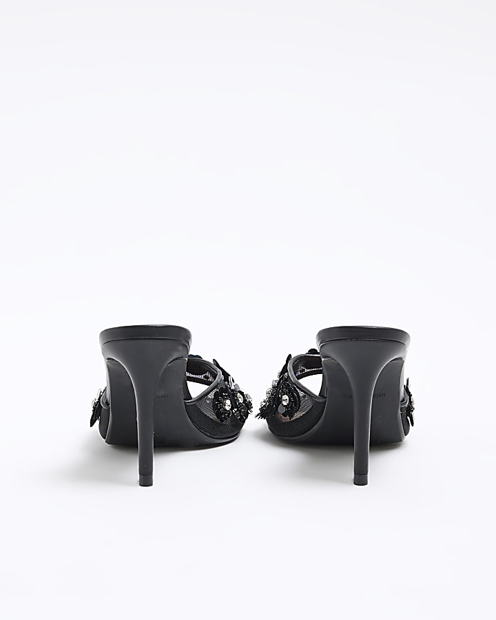 Black 3D Flower Mesh Mule Heeled Sandals