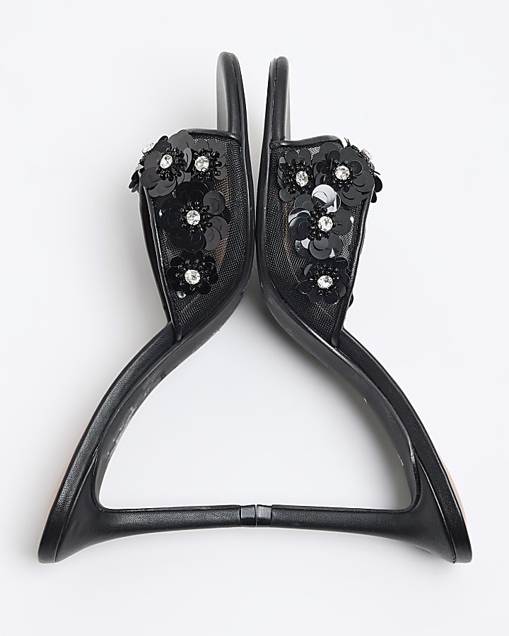 Black 3D Flower Mesh Mule Heeled Sandals