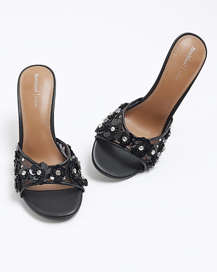 Black 3D Flower Mesh Mule Heeled Sandals
