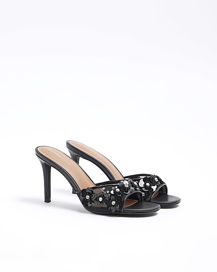 Black 3D Flower Mesh Mule Heeled Sandals