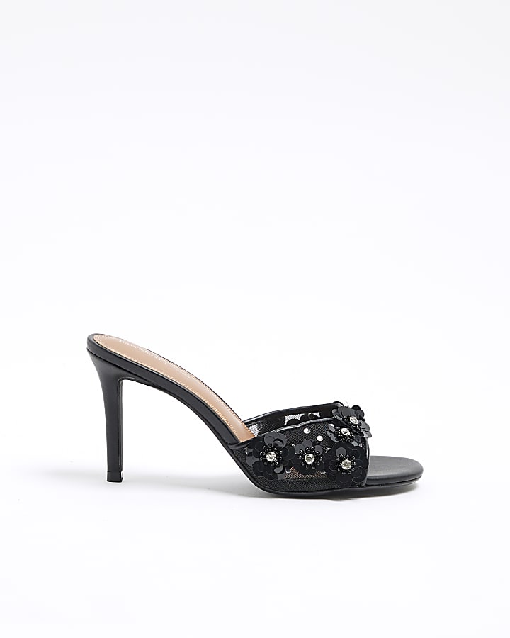 Black 3D Flower Mesh Mule Heeled Sandals