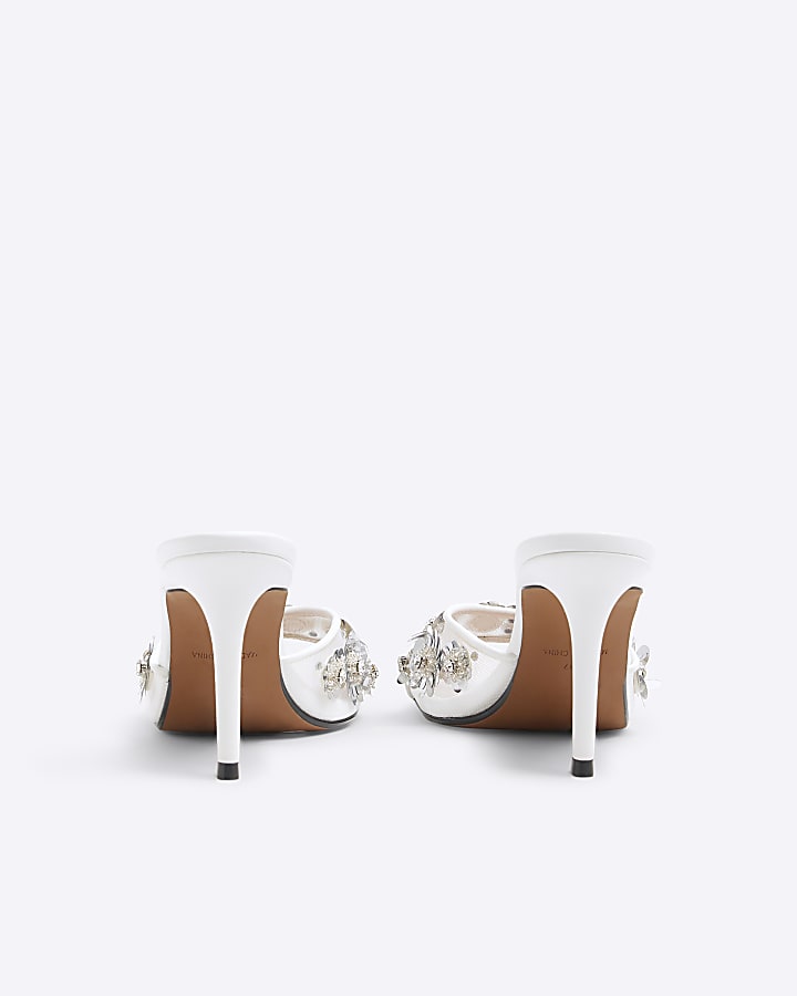 White 3D Flower Mesh Mule Heeled Sandals