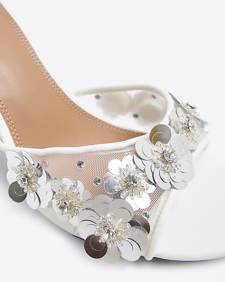 White 3D Flower Mesh Mule Heeled Sandals