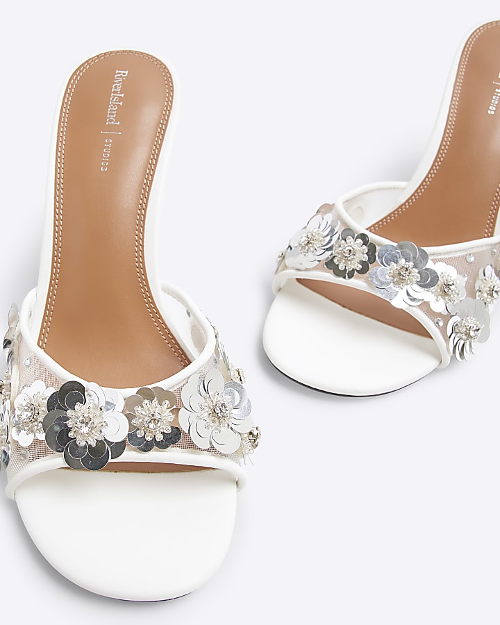 White 3D Flower Mesh Mule Heeled Sandals