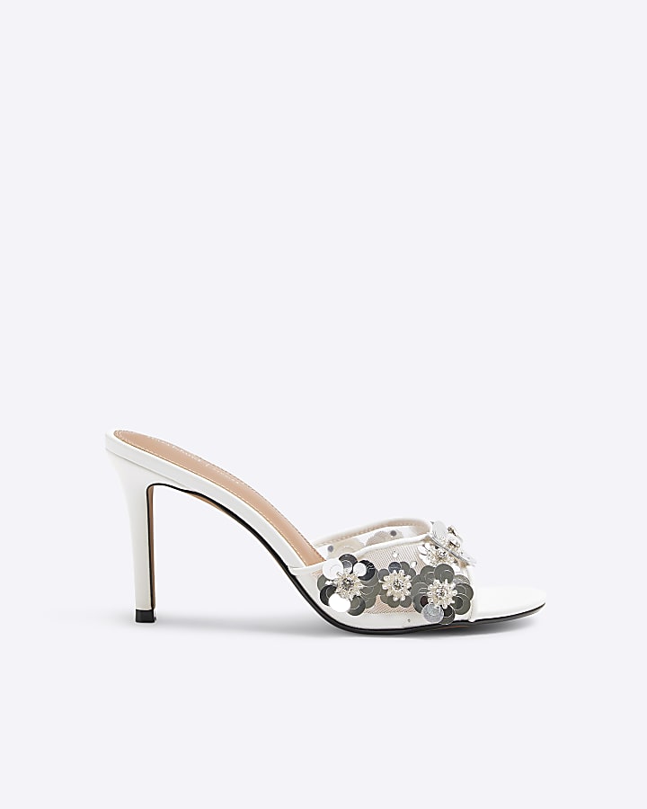 White 3D Flower Mesh Mule Heeled Sandals