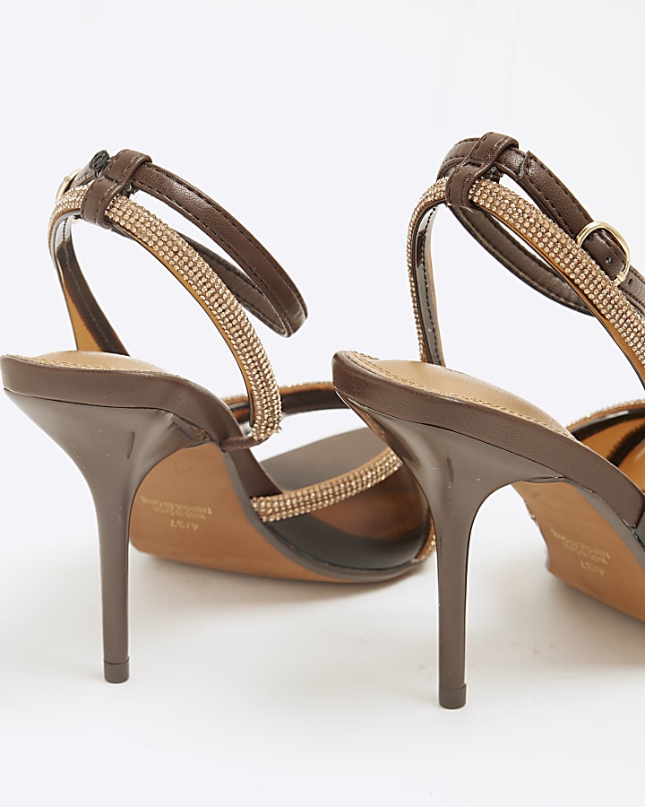 Brown Faux Leather Embellished Heeled Sandals