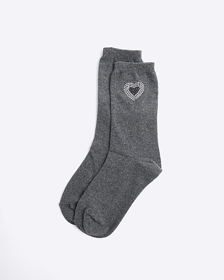 Grey Diamante Heart Socks