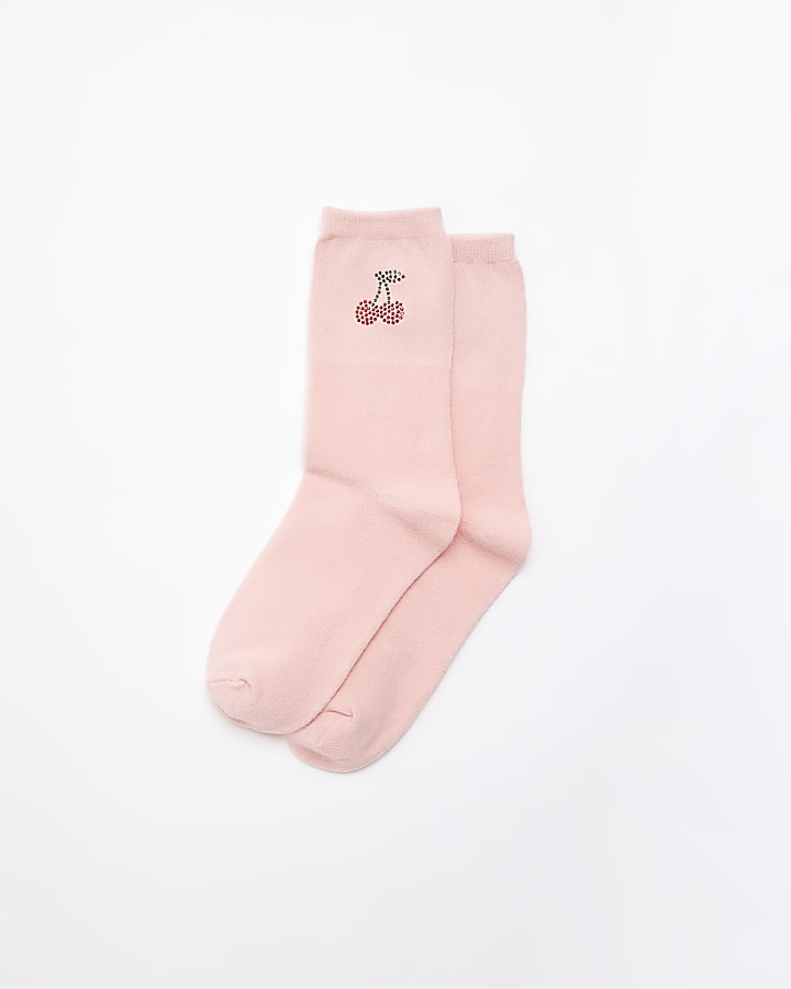 Pink Diamante Cherry Socks